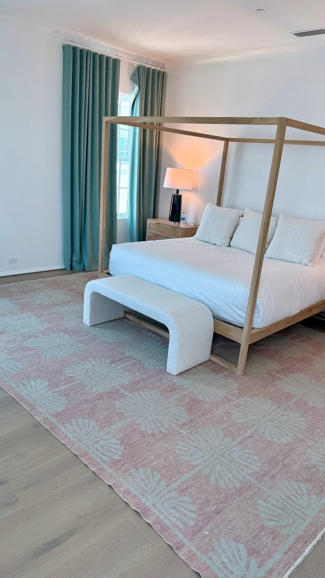 Modern Bedroom with Soft Pink and Mint Turkish Oushak Rug  RugGuys