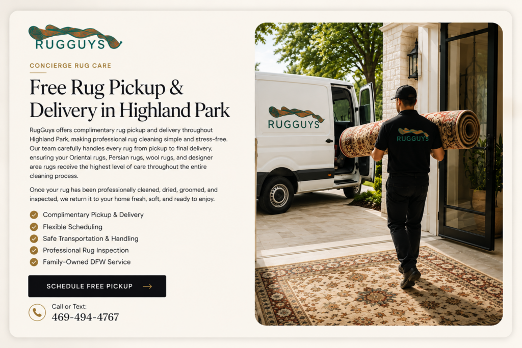 RugGuys free rug pickup and delivery service in Highland Park with professional rug transport and luxury rug cleaning service