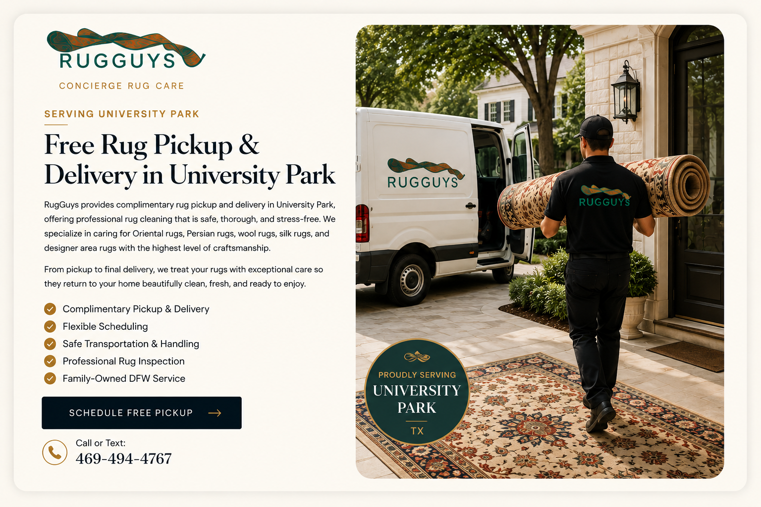 University Park rug pickup and delivery service by RugGuys for Oriental, Persian, wool, and luxury area rugs in Dallas Fort Worth