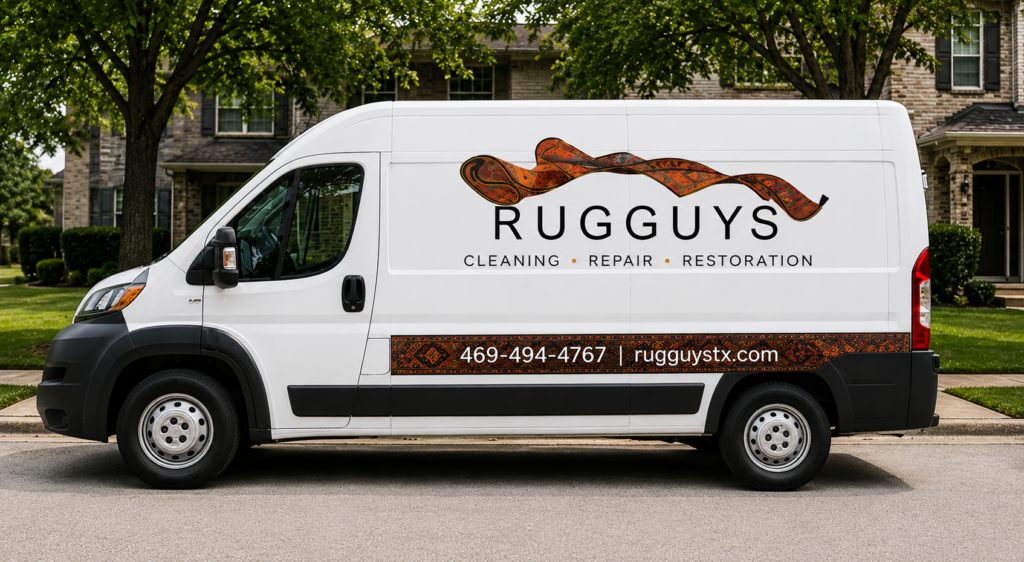 RugGuys rug cleaning service van in Lakewood Dallas TX providing Oriental rug cleaning, rug repair, and restoration services.