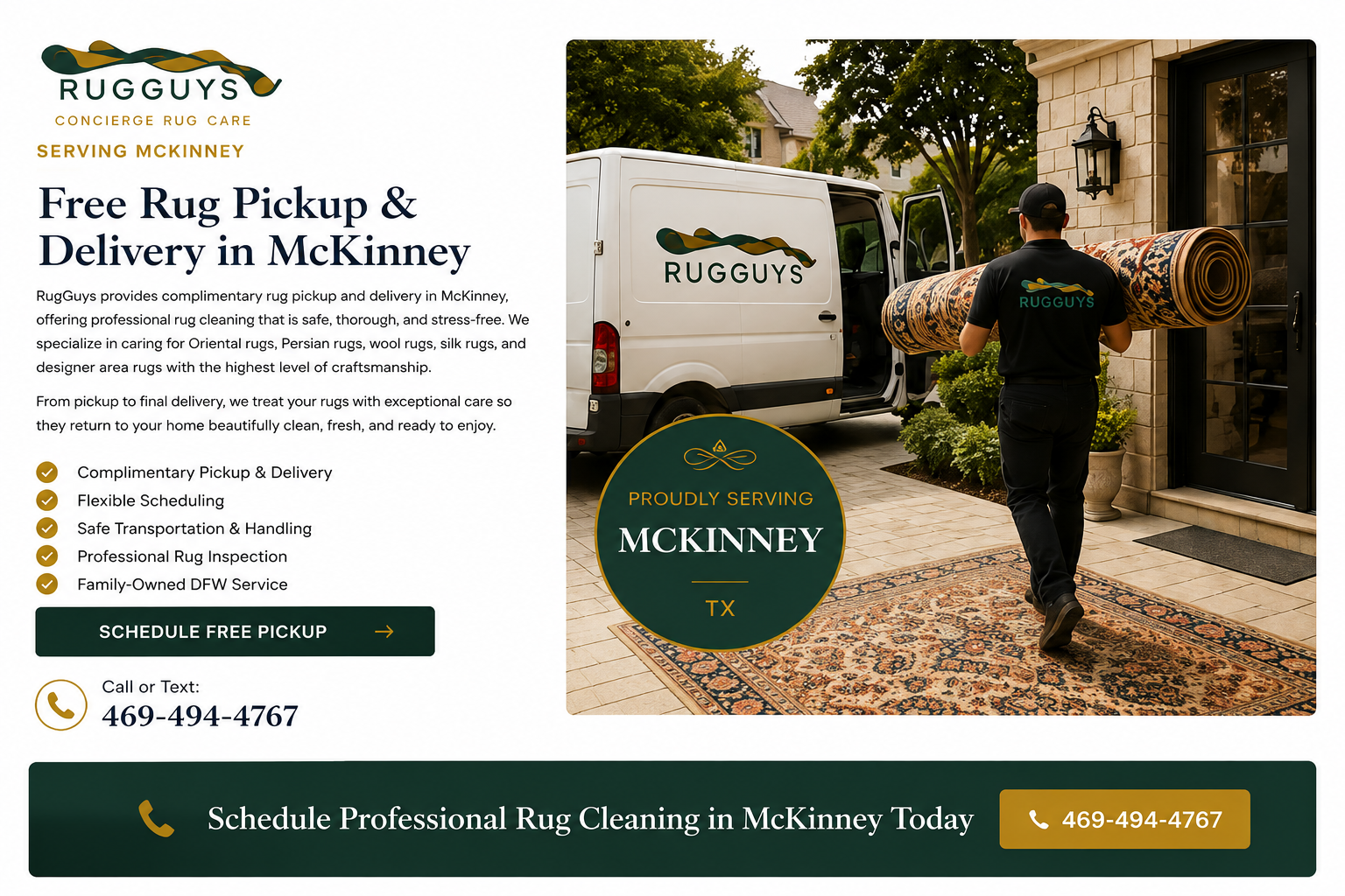 Free rug pickup and delivery service in McKinney TX by RugGuys for Oriental, Persian, and area rug cleaning
