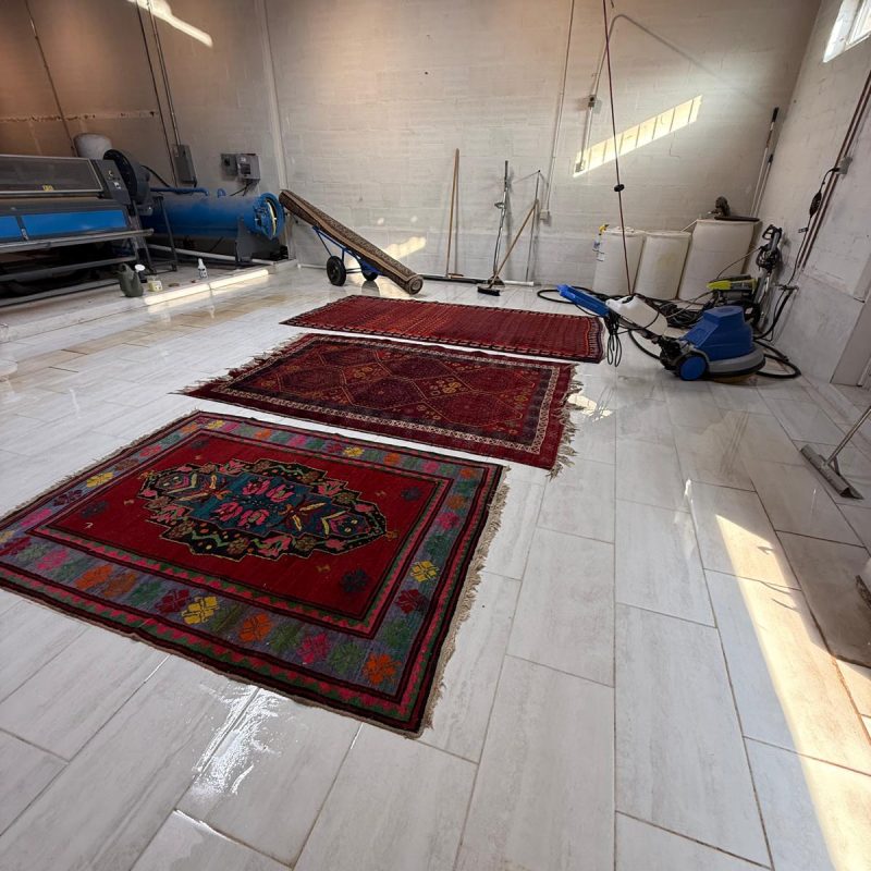 Professional oriental rug cleaning and washing process at RugGuys facility serving Frisco Texas